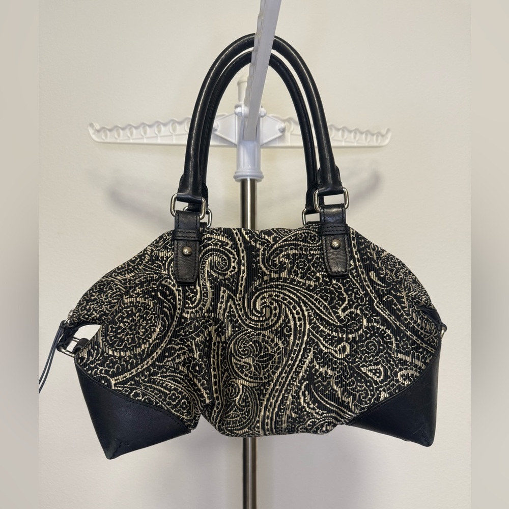 TUMI Made in Italy Black Paisley Jacquard Leather Satchel Tote Handbag